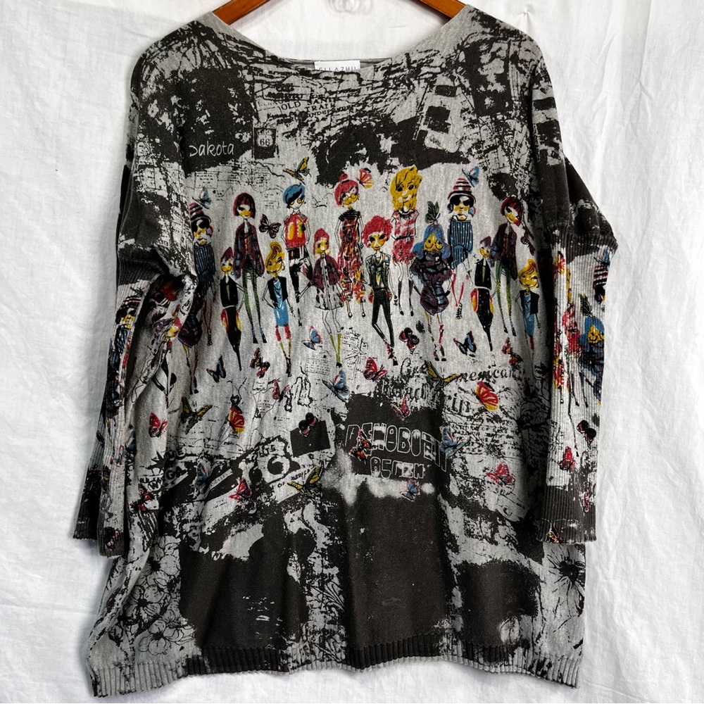 Ellazhu Womens Graphic Arts Boho Sweatshirt OS Tunic Top Grey Graffiti City Girl